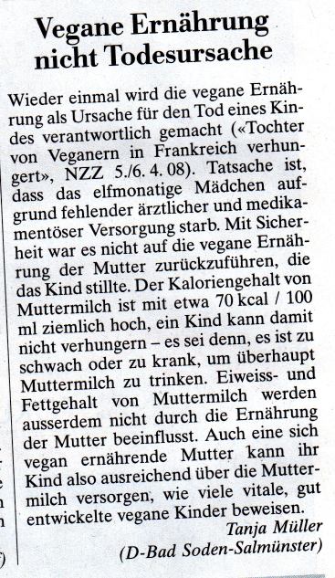 Vegane Ern�hrung nicht Todesursache, NZZ